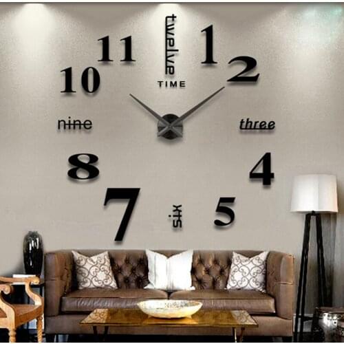 Large Wall Clock Black / Silver Fashion Watches 3D Real Big Mirror Clock Rushed Mirror Wall Sticker Diy Living Room Decor