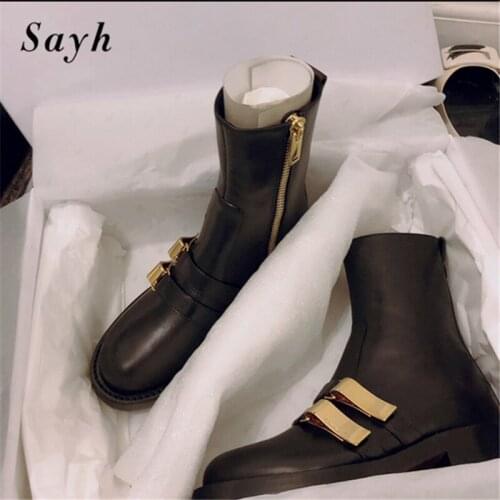 Fashion Women Boots Black Leather Flats Ankle Boots Zipper Metal Decor Round Toe Winter Martin Shoes
