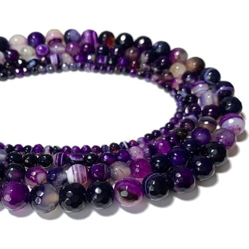 Wholesale Natural Faceted Round Purple Striped Agates Stone Beads For Jewelry Making DIY Bracelet Necklace 4/6/8/10/12MM 15