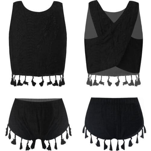 Kids Girls Costumes Stage Performance Dancewear Gymnastics Outfit Sleeveless Tassel T-shirt with Shorts Set Summer Clothes