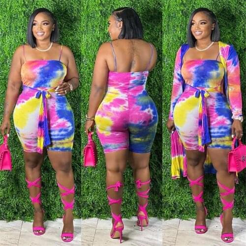 European And American New Style Casual Tie-Dye Suspender Jumpsuit Long-Sleeved Cardigan Two-Piece Suit Matching Sets