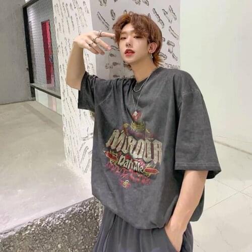 Mens short-sleeved t-shirt loose tide brand ins hip-hop five-point sleeve male student couple retro half-sleeved shirt