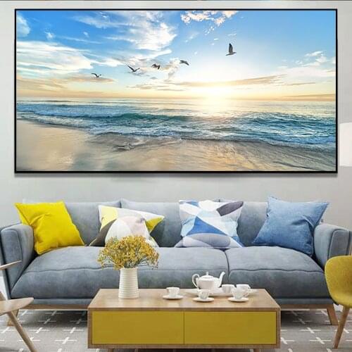 Ocean Beach Sea Gull And Sunrise Poster And Print Wall Art Canvas Painting Landscape Picture For Modern Living Room Decoration