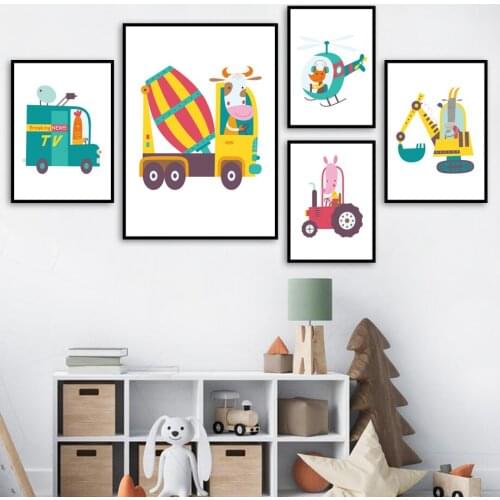Nursery Animal Driver Car Cow Bear Fox Wall Art Canvas Painting Nordic Posters And Prints Wall Pictures Baby Boy Kids Room Decor