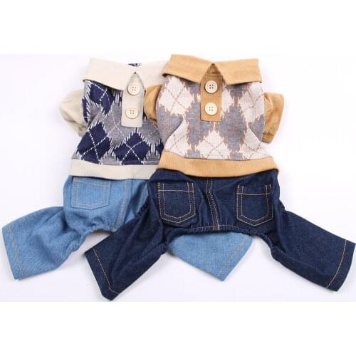 New Diamond Lattice Dog Cat Jumpsuit Rompers witn Denim Pants Dog Coat Jacket Cat Puppy Autumn Clothes Outfit 3 Colours