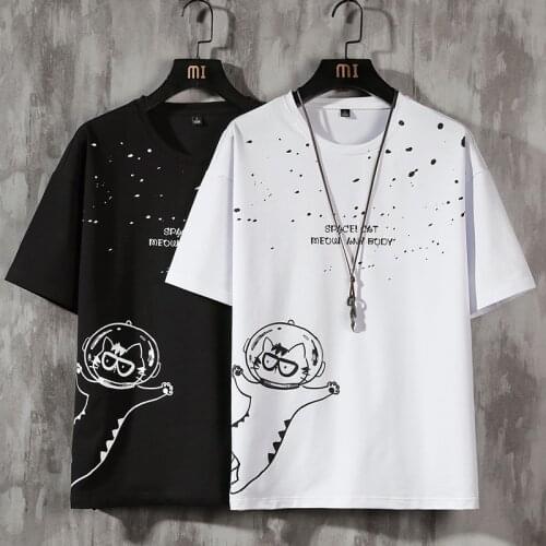 Space Cat Tees Summer Short Sleeves T Shirts Crewneck Casual Mens Funny Tops Harajuku Hip Hop Carttoon Printed T-Shirt 2021