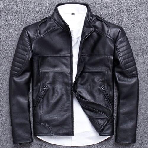 Clothing man head layer cowhide locomotive leather jacket male short a stand lead handsome mens wear real genuine