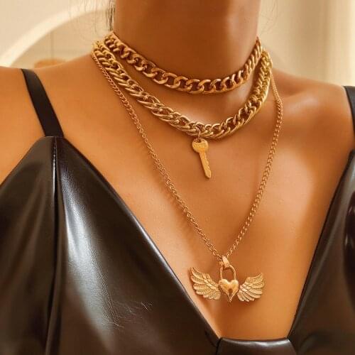 Punk Exaggerated Thick Chain Necklace Golden Womens Statement Layered Angel Key Necklace Collar Pendant Necklace Jewelry Gift