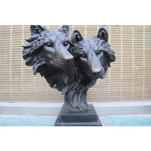 14" Copper Marble statue Two Wolf Decor Art sculpture creative crafts decoration