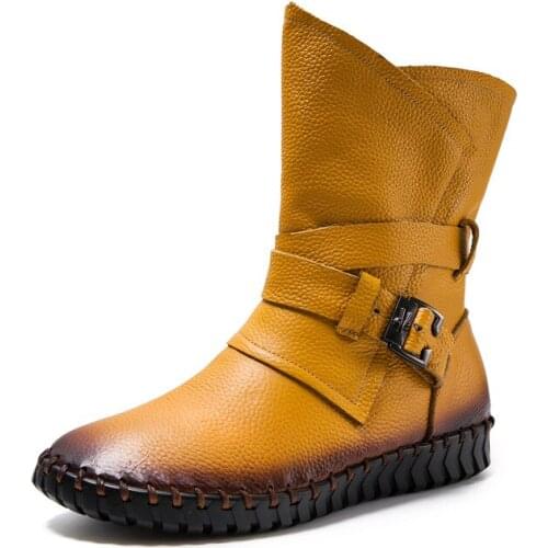 Fashion Wedges Women Boots Genuine Leather Mid Calf Winter Warm Plush Snow Boots Women Platform Boots Female Flat Shoes Booties