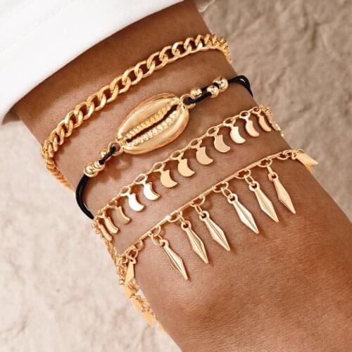 Docona 4pcs/set Bohemian Shell Tassel Bracelet Set for Women Black Rope Adjustable Handmade Bangle Summer Jewelry Accessories