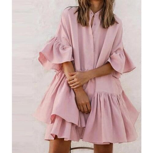 Womens Cute Layered Dresses Elegant Solid Color Petal Sleeve Pink Shirt Dress Loose Fashion Sweet Female Clothing