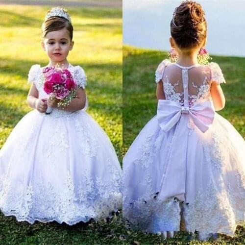 Flower Girl Dresses For Wedding Half sleeve Ball Gown Tulle Lace Beaded Belt Long First Communion Dresses Little Gir
