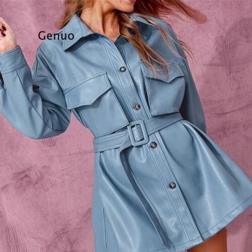 Luxury Faux Leather Women Blouse Shirt with Belt Quality Long Sleeve Top England Turn-Down Collar Elegant Lady Clothes