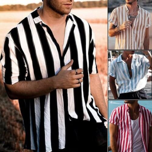 2020 New Men Stripe Blouse Shirt Holiday Short Sleeve Shirt Hawaiian Beach Summer Striped Button Down Shirt