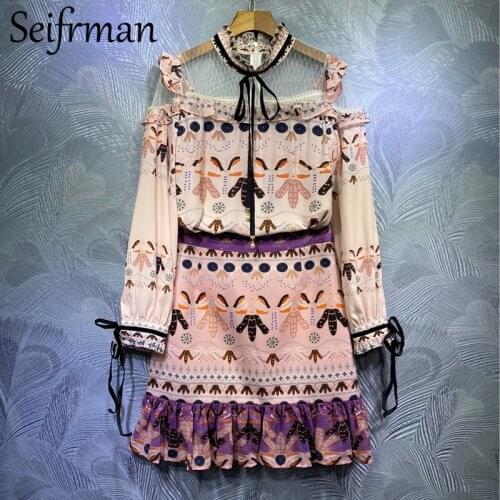 Seifrmann Summer Women Fashion Designer Skirt Set Ruffles Bow Loose Tops + High Waist Print Short Skirts 2 Two Pieces Suits 2021