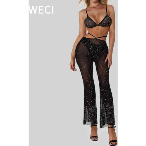 WECI Rhinestone Adult Sex Underwear Women Sexy Outdoor Shiny Pants Transparent Buttock Diamond Glitter Bra Metallic Bodysuit Set