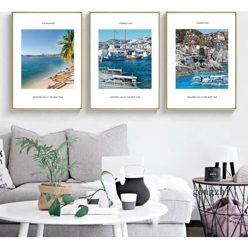 Nordic Tropical Tourist Town Photography Canvas Painting Blue Sea Landscape Poster Print Wall Art Pictures for Living Room Decor