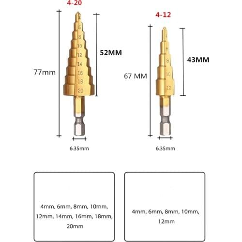 Hss Step Drill Bit Set Cone Hole Cutter Taper Metric 4 - 12 / 20mm 1 / 4 "titanium Coated Metal Hex Core Drill Bits Puncher