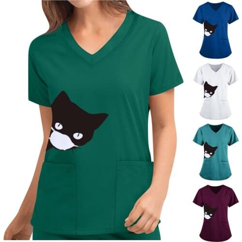 Printing Scrubs Uniform Ladies Cat Nursing Clothes Short Sleeve Uniforme V-Neck Pocket Carer Top Filipinas Quirurgicas Mujer