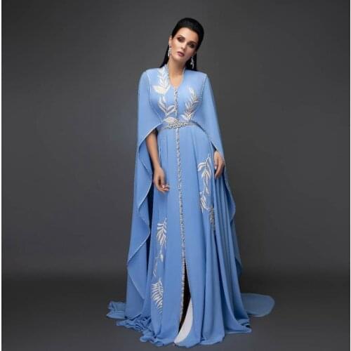 Sky Blue Simple Moroccan Caftan Evening Dress Floor Length A-Line Summer Dress With Applique Bubai Muslim Prom Dress Custom Made