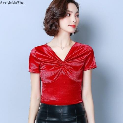 AreMoMuWha Cross V-neck Short-sleeved T-shirt Female Summer New Slim Slimming Thin Shirt Wild Ice Silk Knit Bottoming ShirtMH227