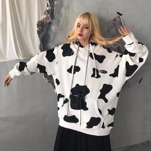 Cute Dairy Cow Print Women Oversized Hoodies 2021 Autumn Warm Casual Loose PrintPocket Hooded Sweatshirt Winter Pullover Ladies