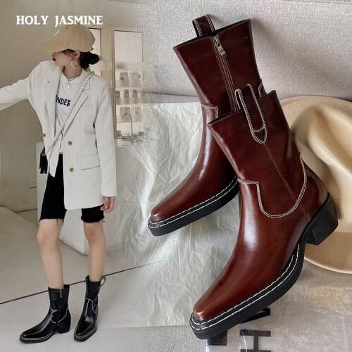 2021 New Square Toe Western Cowgirl Boots Chelsea Ankle Boots Shoes Women Cossacks Cowboy Boots Femal Shoes Botas Mujer 34-42