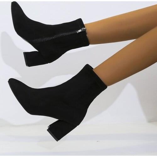 2021 New Winter Pointed Toe Zipper Suede Snow Warm Boots High Heels Chunky Women Shoes Fashion Party Sexy Pumps Botas Zapatos