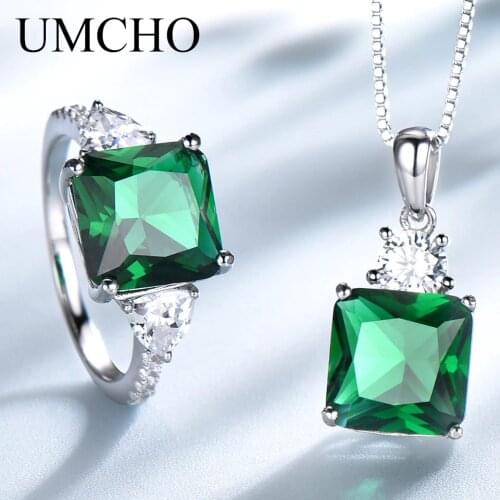 UMCHO Real 925 Sterling Silver Jewelry Created Emerald Rings Necklace Elegant Gifts For Women With Box Chain Fine Jewelry Sets