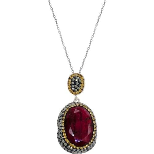 Red Ruby Natural Stone Silver Women Necklace Midyat Silver