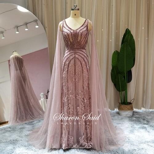 Rose Pink Mermaid Dubai Evening Dress with Cape Long Luxury Arabic Prom Formal Dresses for Women Wedding Party Gowns Graduation