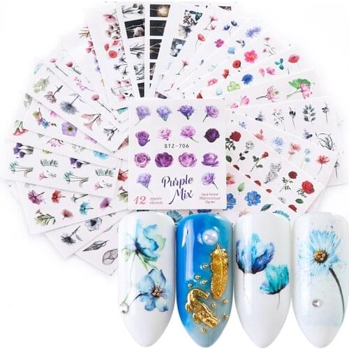 1PC Leaves Flowers Ink Blooming Nail Sticker 3D Geometric Lines Decals Summer DIY Slider For Manicuring Nail Art Watermarks