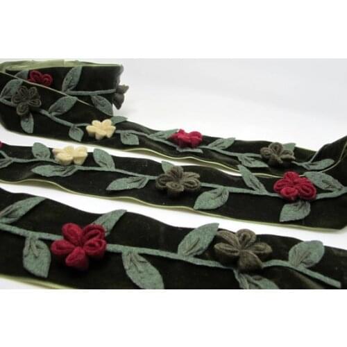 2 Inches Purple Felt Flower Velvet Trim|Embroidered Floral Ribbon|Clothing Belt|Vintage Costume|Sewing Supplies