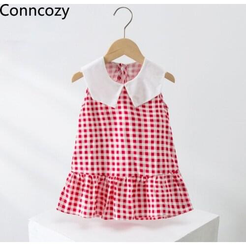 2021 Baby Girl Summer Cotton Dress Toddler Girl Red Plaid Dress Children Clothes Girls Sleeveless Dress Korean Princess Dresses