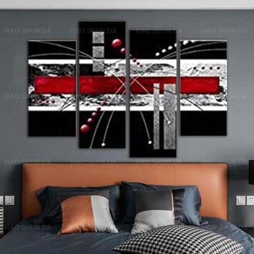 Black Red Canvas Material 4 Panels Abstract Modern Artwork for Wall Decoration Ready to Hang Living Room Bedroom