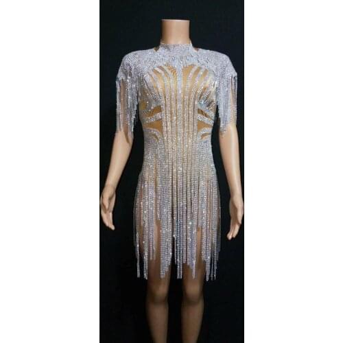 2020 Women New Sexy Silver Shining Rhinestones Fringes Bodysuit Celebrate Costume Female Singer Tassel Leotard Stage Dance Wear