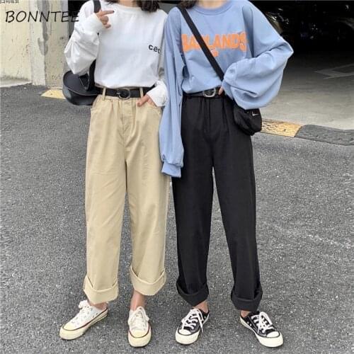 Women Casual Pants Straight Baggy Solid All-match High Waist Boyfriend Streetwear Korean Style Females Soft Trendy Ins Popular