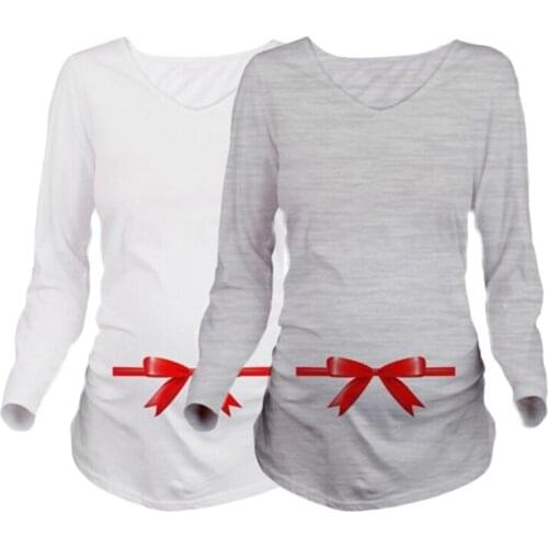 Maternity Tee Shirts For Pregnant Women Clothes Full Autumn Tops Chritstams Bow Tie Printed New Year T-Shirt Pregnancy Clothing