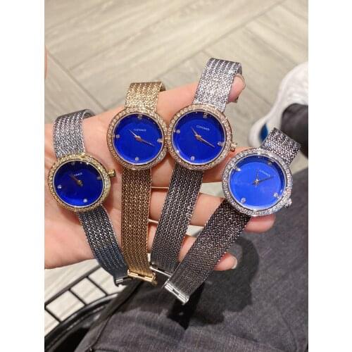 Hot Women Round Circle 4 Dimond Watch Blue Dial Stainless Steel Mesh Buckle Clock Satine Famous Brand Magnet Clasp Wrist Watch