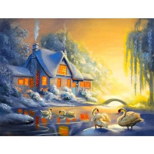 DIY Square Drill Rhinestone Mosaic Diamond Embroidery Winter Landscape DIY Diamond Paintings Cross Stitch Snow Swan Lake Crafts