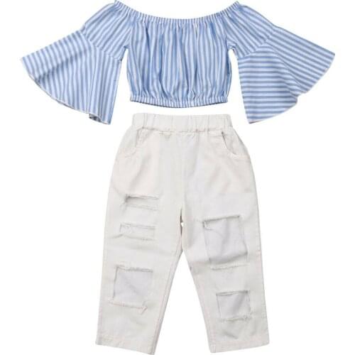 Summer 2PCS Kids Baby Girls Striped Tops T Shirt+Frayed Pants Clothes Outfits
