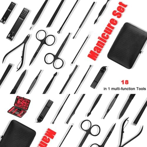Manicure Set Professional Nail Clippers Pedicure Kit Luxurious 18 Pcs Black Stainless Steel Grooming Tools with Case