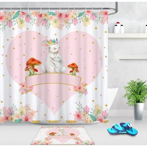 Cartoon Animals Rabbit Shower Curtain Pink Love Flower Mushroom Waterproof Fabric Bathroom Bath Curtains Mothers Day Gift