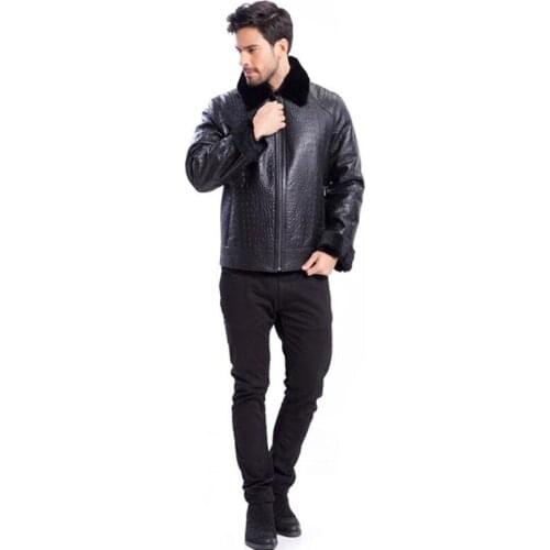 Denny&Dora 2018 New Short Style Mens Lapel Fur Black Jacket Leather Coats for Men Black Fur Winter Handsome Leather Jacket