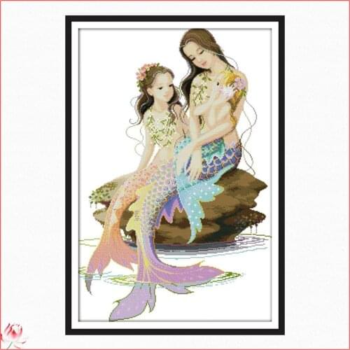 Joy Sunday Mermaid Character Chinese Cross Stitch Kits Ecological Cotton Stamped Printed 14CT DIY Easy to Use Home Decoration