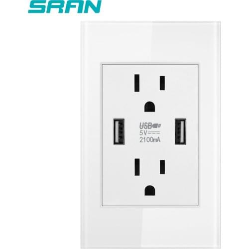 SRAN US Standard Dual Usb Wall Socket,Double 2.1A Socket With Usb, White Crystal Tempered Glass Panel 118mm*76mm New