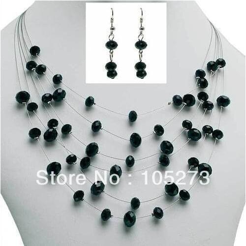 Stunning Natural Crystal Jewelry Set Black Color Flat Crystal Beads Multi Wire Necklace Earrings 6-8mm 18'' Free Shipping