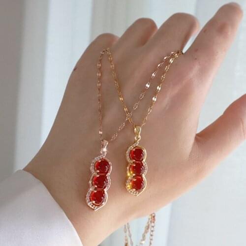 TIMEONLY Japan Fashion Green Red Beans Crystal Pendant Necklaces Titanium Steel Chain Necklace for Women Lover Valentine Day