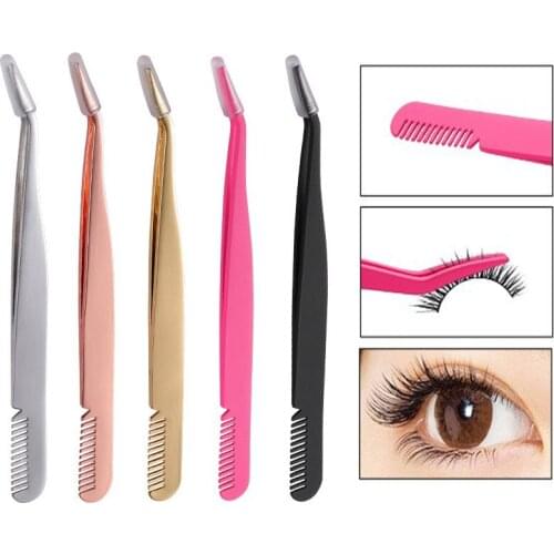 Stainless Steel Eyelash Tweezer with Comb Double Use Brush Slant Green Metal Professional Eyelash Extension Nipper Makeup Tools